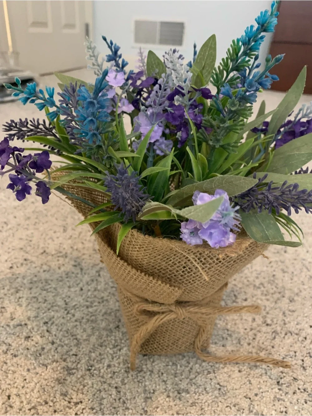 Burlap Wrapped Purple & Blue Artificial Lavender Bouquet
